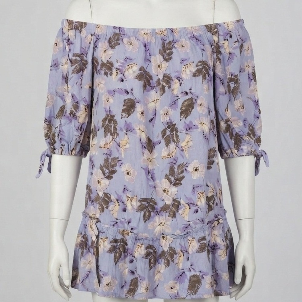 Hopely Floral Off The Shoulder Tunic Top Blue Purple Puff Sleeve Tiered Hem L